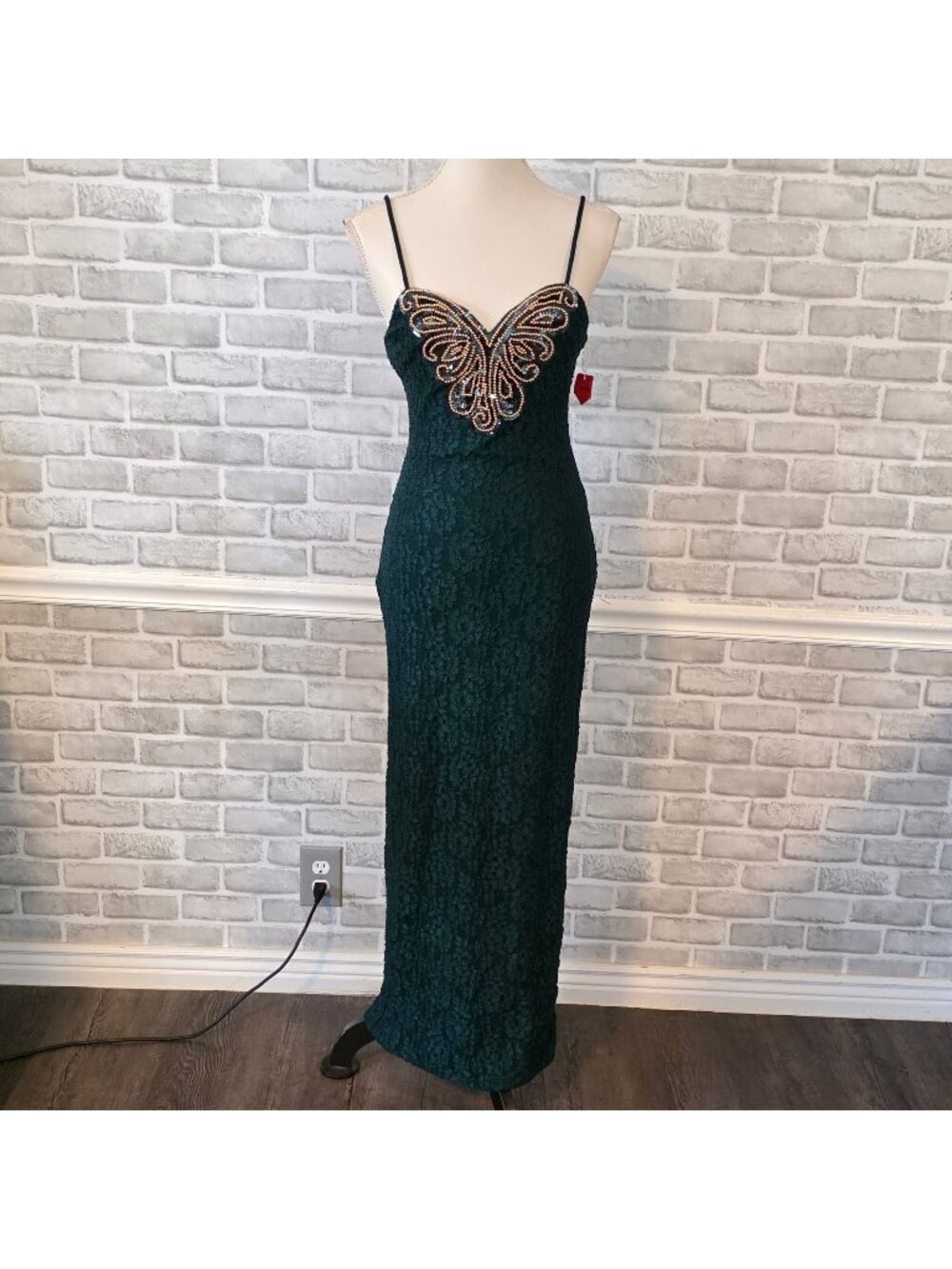 Vintage 80s Frederick's Hollywood NOS Dark Green Lace Maxi Dress Butterfly 7/8